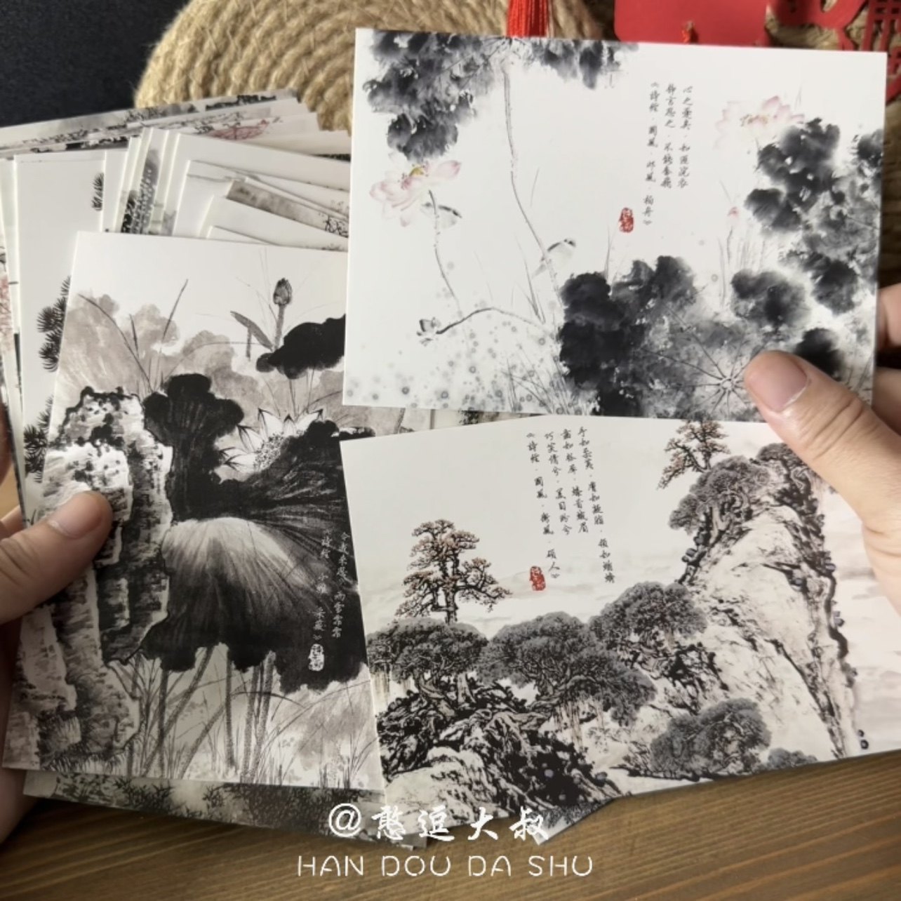 中国风写意水墨画复古风明信片