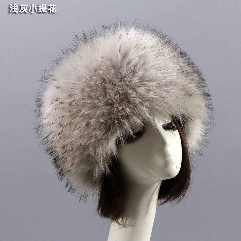 仿皮草毛毛帽子狐狸毛平圆顶帽加厚冬东北新款女保暖护耳蒙古帽