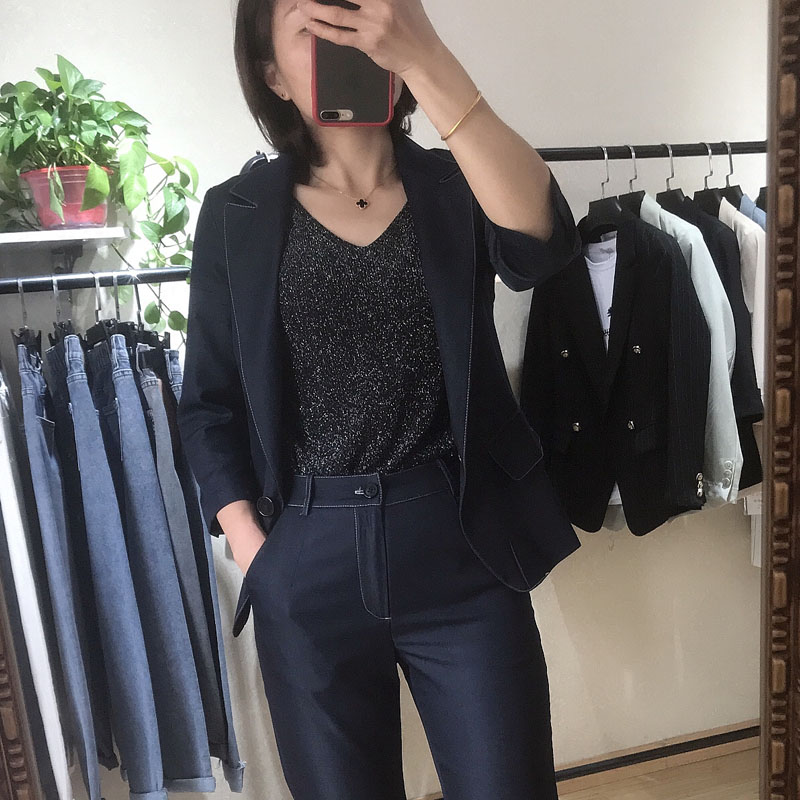 莱丝瑞拉早秋新款中长款修身免烫时装牛仔小西装短外套女装M8S104