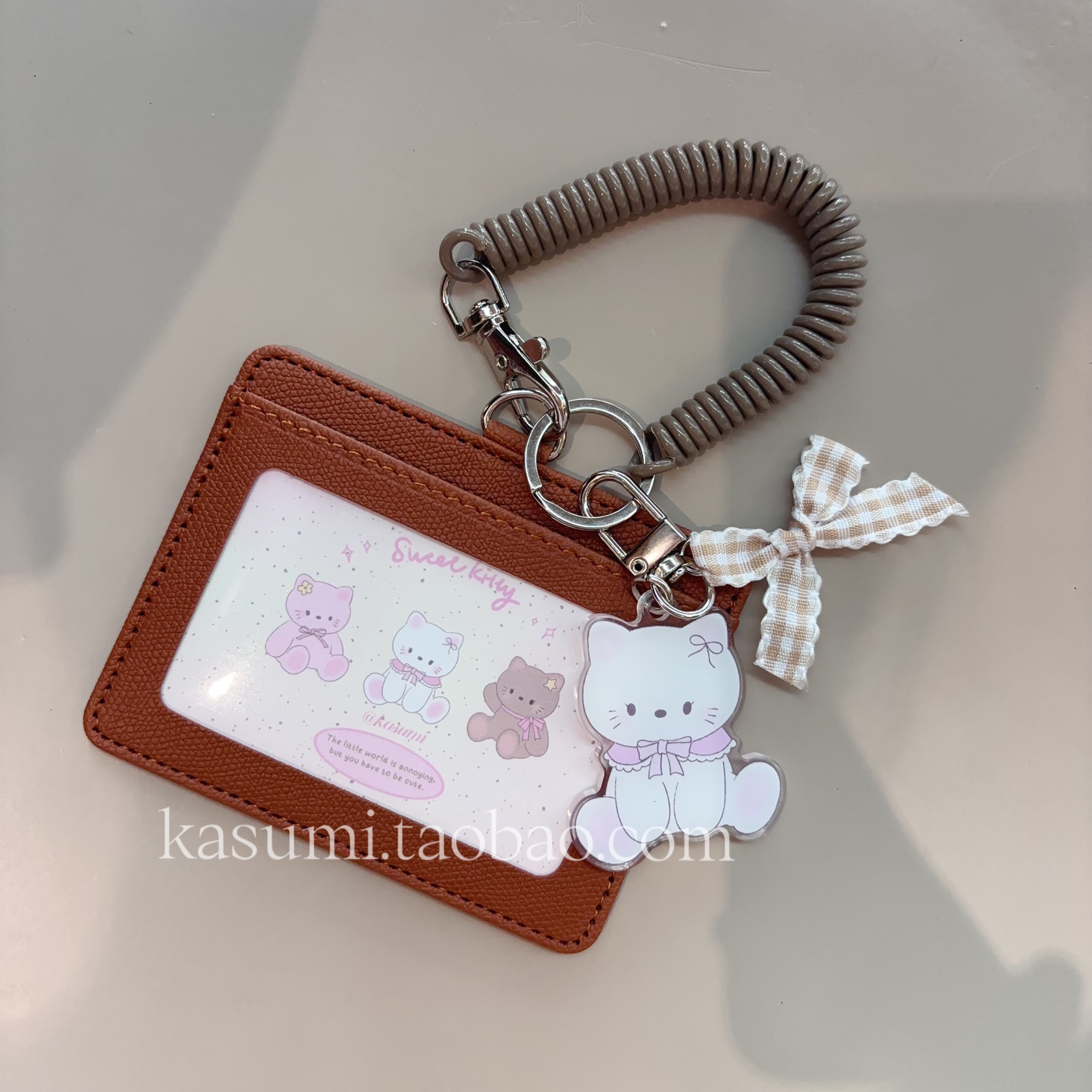 原创小猫凯蒂挂绳一体皮质两卡位公交饭卡门禁身份证工牌横版卡套