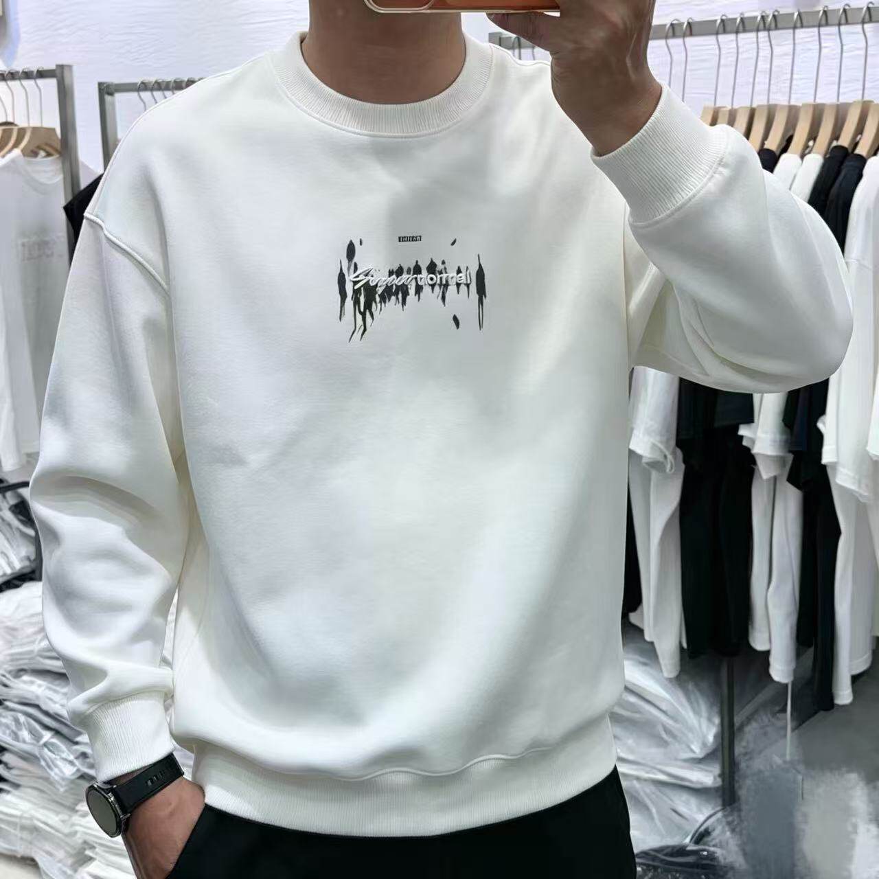秋冬新款男士潮牌圆领宽松休闲小标印花卫衣时尚百搭纯色上衣打底