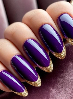 欧美热销辣妹甜酷美甲贴片简约紫色闪粉法式假指甲外贸穿戴甲甲片