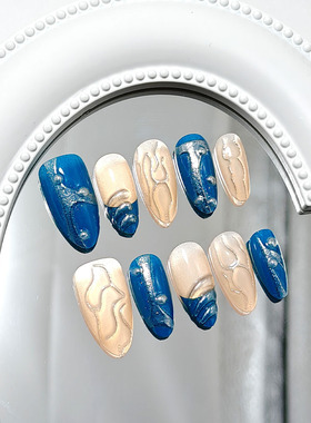 蓝色赛博朋克跨境外贸款穿戴甲立体带钻美甲贴片高级小众美甲贴片