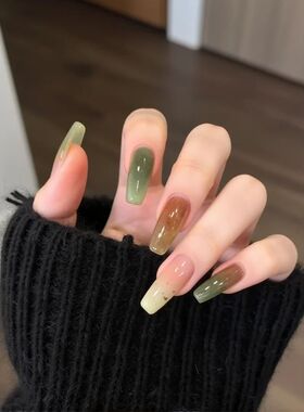 清新水蜜桃色手指甲贴片绿色法式穿戴甲美甲片nails显白成品批发