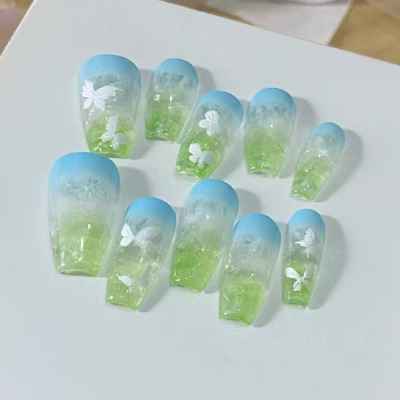 蓝绿渐变穿戴甲长款蝴蝶美甲甲片