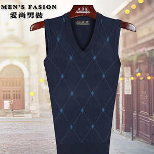 新款秋冬季中老年男士v领毛衫爸爸装休闲针织衫鸡心领马甲背心V