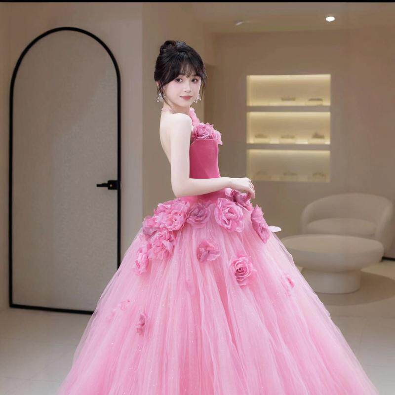 明星同款《雾面玫瑰》成人礼出门纱玫红色花朵轻婚纱订婚礼服裙女