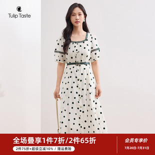 时尚 郁香菲波点连衣裙女气质通勤夏季 方领中长裙收腰显瘦A字裙
