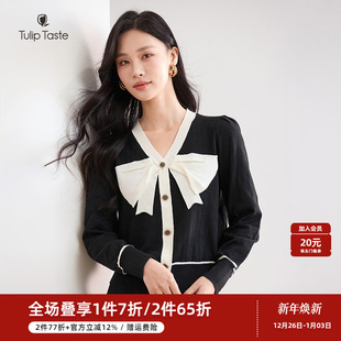 优雅撞色蝴蝶结套头长袖 时尚 上衣 女气质通勤秋季 郁香菲V领针织衫