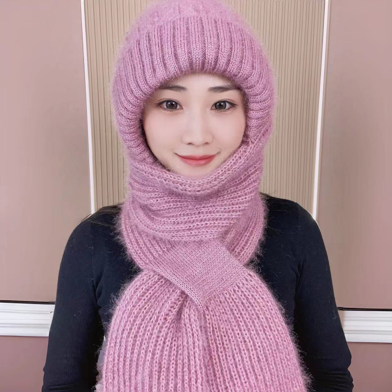 松鼠绒毛线编织帽子女2023新款冬季女士加绒风雪帽帽子围巾一体帽