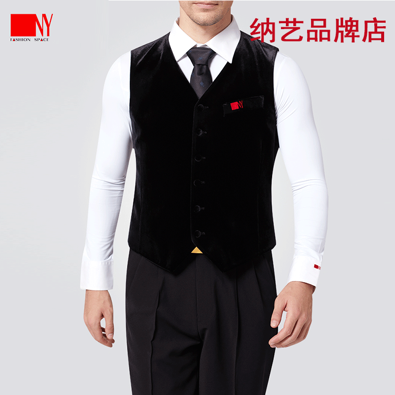 NY纳艺拉丁舞服男士马甲单排丝绒黑色表演服摩登舞国标舞练功服