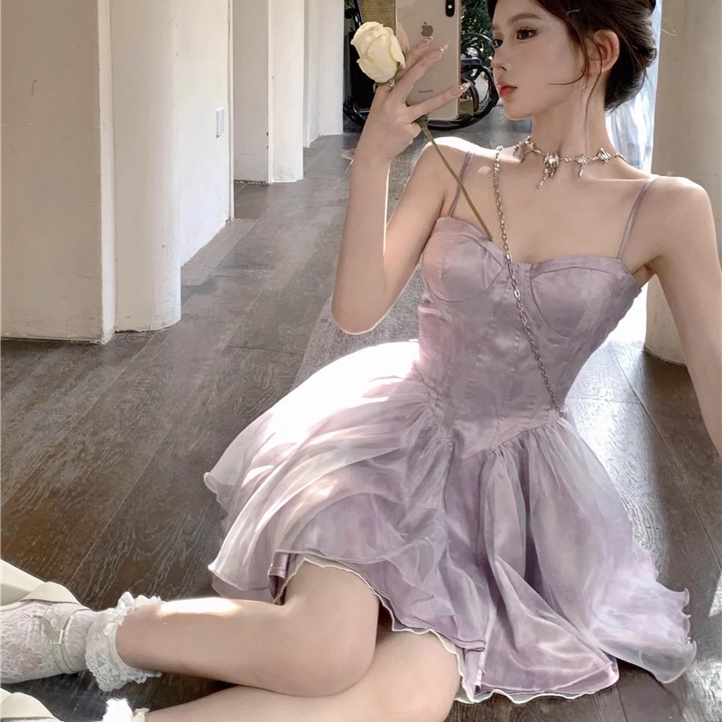 仿鱼骨吊带连衣裙女夏抹胸扎染网纱公主蓬蓬裙短款生日小礼服裙子