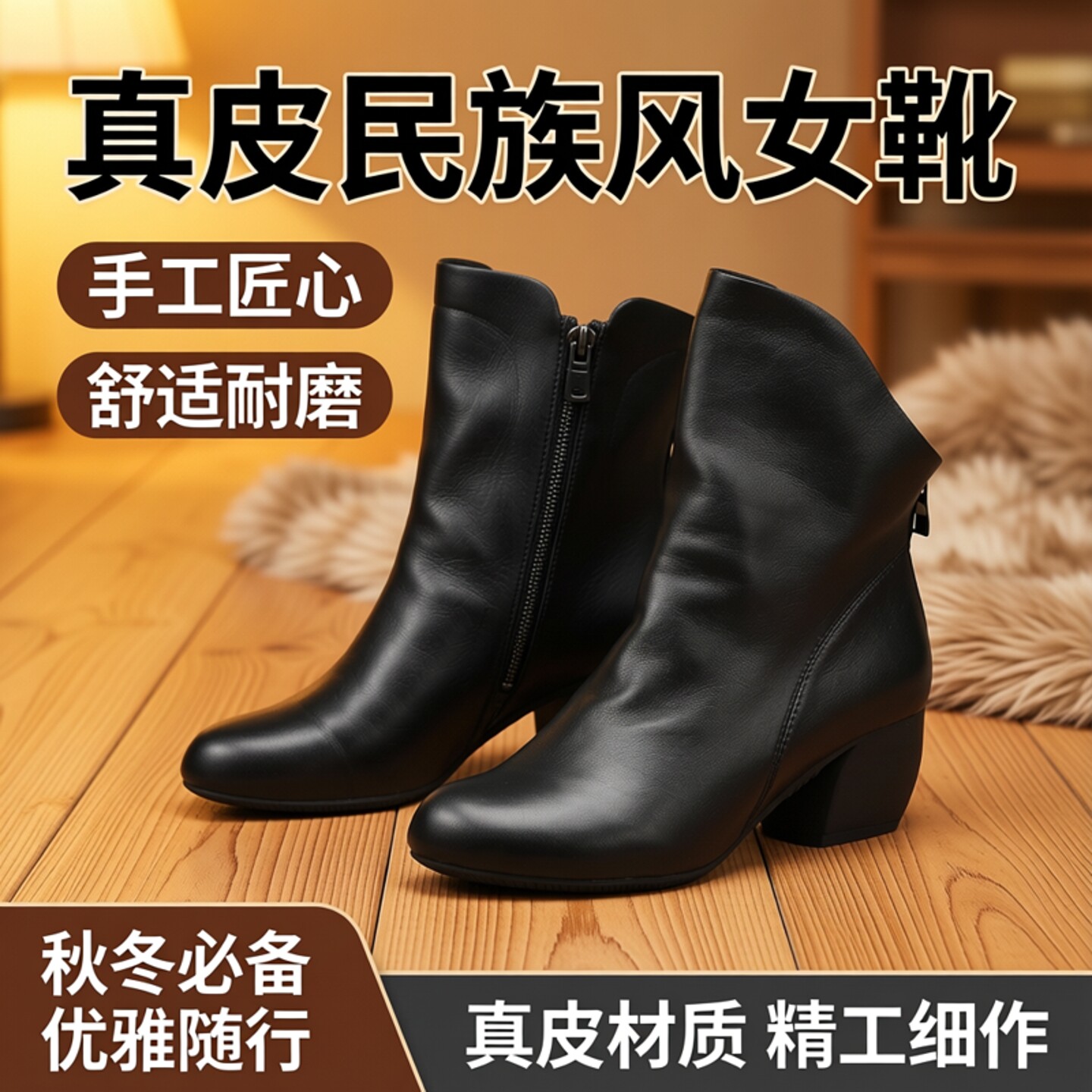 相伴真皮冬鞋女秋冬款高跟鞋民族风靴子牛皮女靴粗跟皮靴手工皮鞋