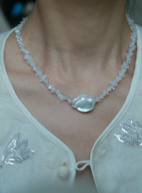 白水晶珍珠串珠锁骨链