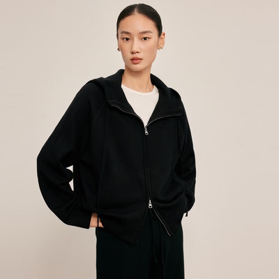 连帽羊毛开衫女款100绵羊毛慵懒风显瘦羊毛衫针织衫带帽外套毛衣