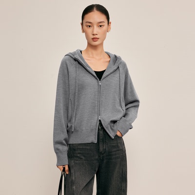 连帽羊毛开衫女款100纯羊毛慵懒风显瘦羊毛衫针织衫带帽外套毛衣