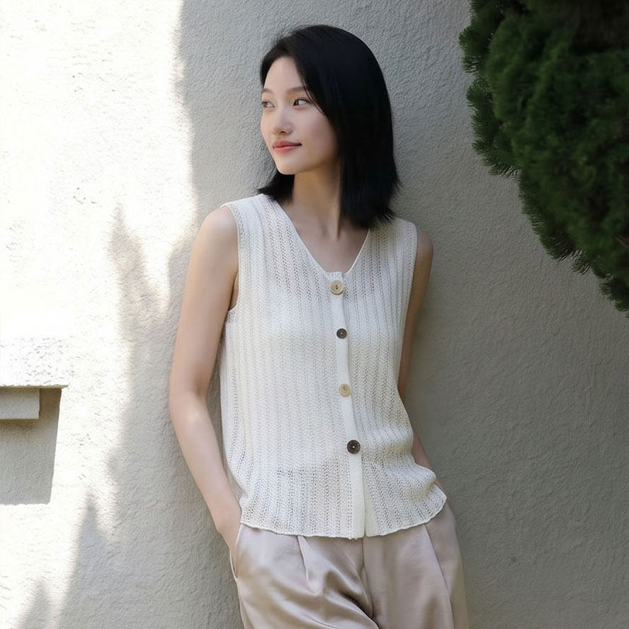 陌可/天丝棉麻混纺V领针织马甲女无袖坎肩叠穿背心镂空设计感上衣