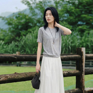 陌可/莱赛尔羊毛圆领百搭正肩短袖T恤女夏季上衣百搭休闲打底衫