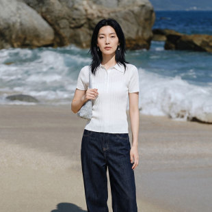 【100%莱赛尔】陌可polo领针织衫女百搭短袖上衣显瘦休闲风打底衫