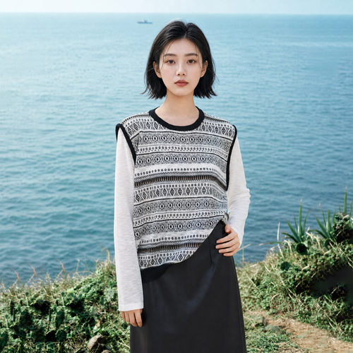 陌可/14针叠穿提花假两件T恤针织上衣女长袖宽松百搭凉感0145