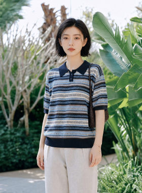 陌可/14针凉感T恤特调定染菱格提花针织衫套衫条纹上衣女0141