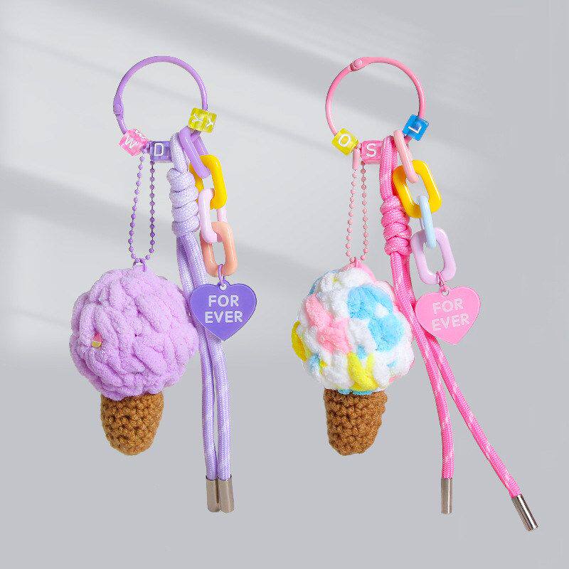 毛绒冰淇淋钥匙扣挂件包包挂饰毛线仿真甜筒情侣书包装饰品