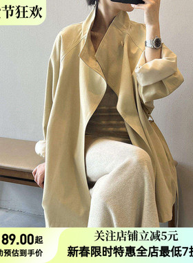 言双 法式复古气质中款风衣外套女 春季宽松收腰立领上衣82132