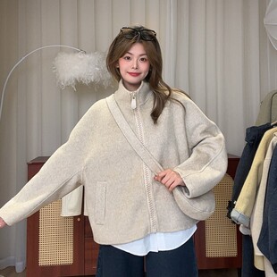 韩系双面羊绒大衣女短款立领拉链包包小个子宽松设计感羊毛呢外套