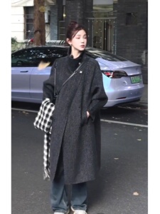 高级感宽松立领中长款毛呢外套女2024秋冬季韩版黑色过膝呢子大衣