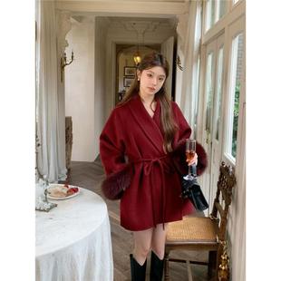 韩版双面羊毛红色大衣秋冬新款狐狸毛袖口中长款羊绒收腰外套女