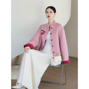 2025新中式百搭双面羊绒大衣女士国风短款小个子圆领显瘦毛呢外套