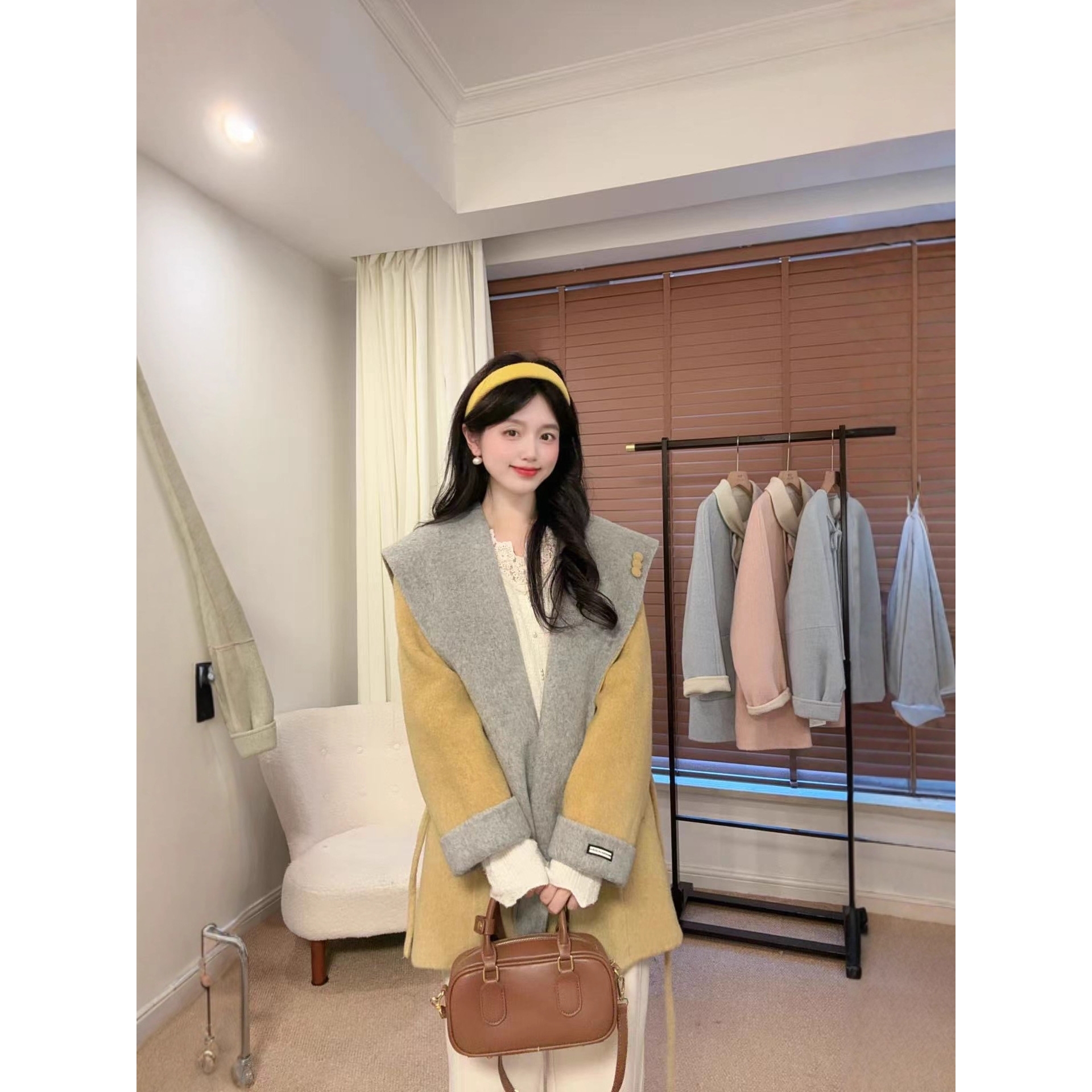 秋冬新款双面双色羊毛大衣女中长款系带拼色高级感甜美气质毛呢子