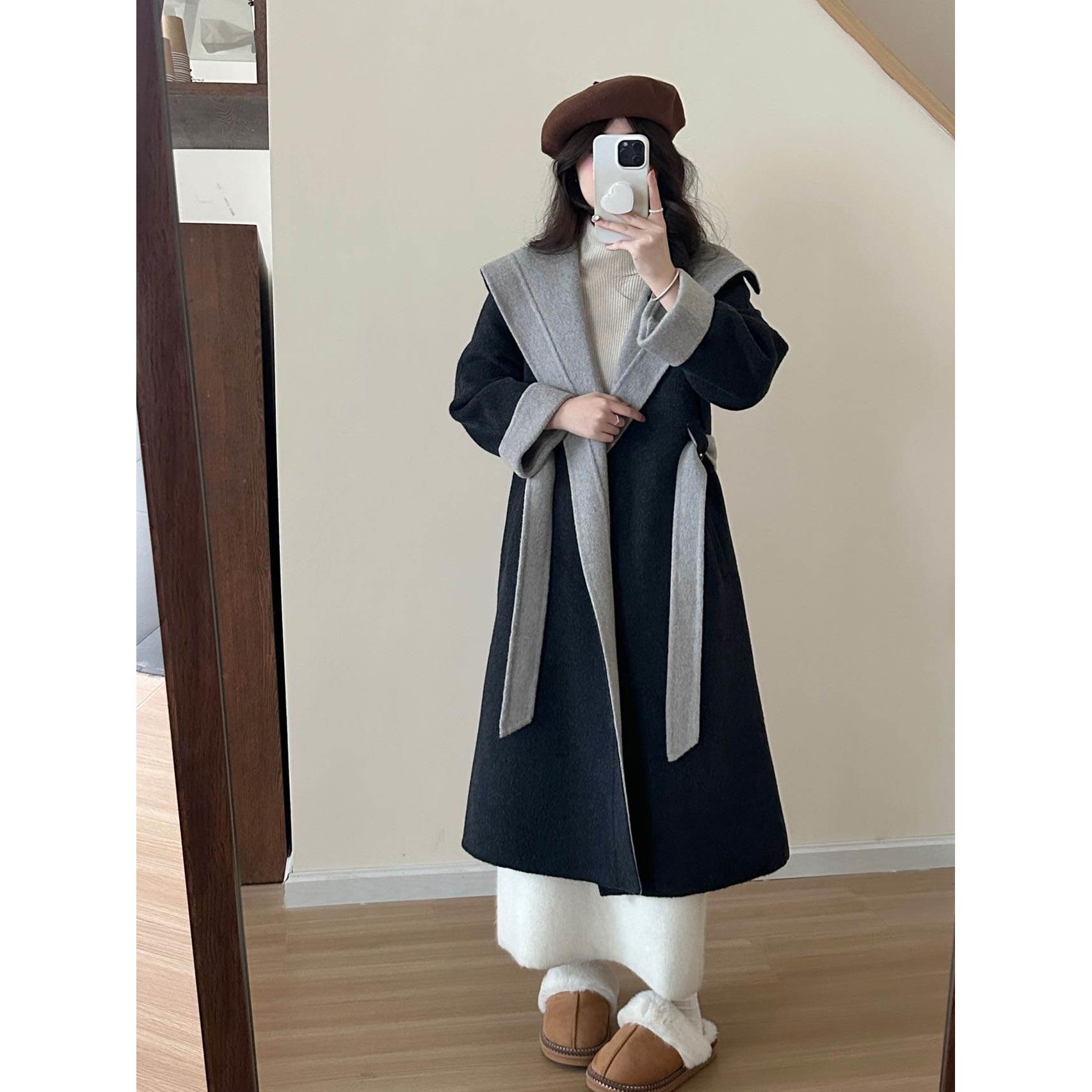 2025秋冬新款双面羊绒大衣女中长款宽松羊毛呢子外套连帽撞色拼接