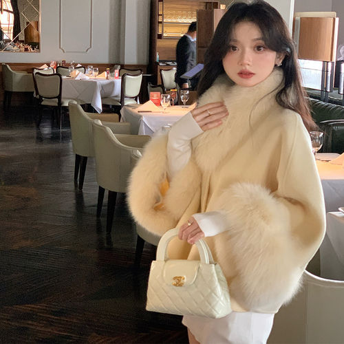 双面羊毛绒斗篷大衣女狐狸毛领