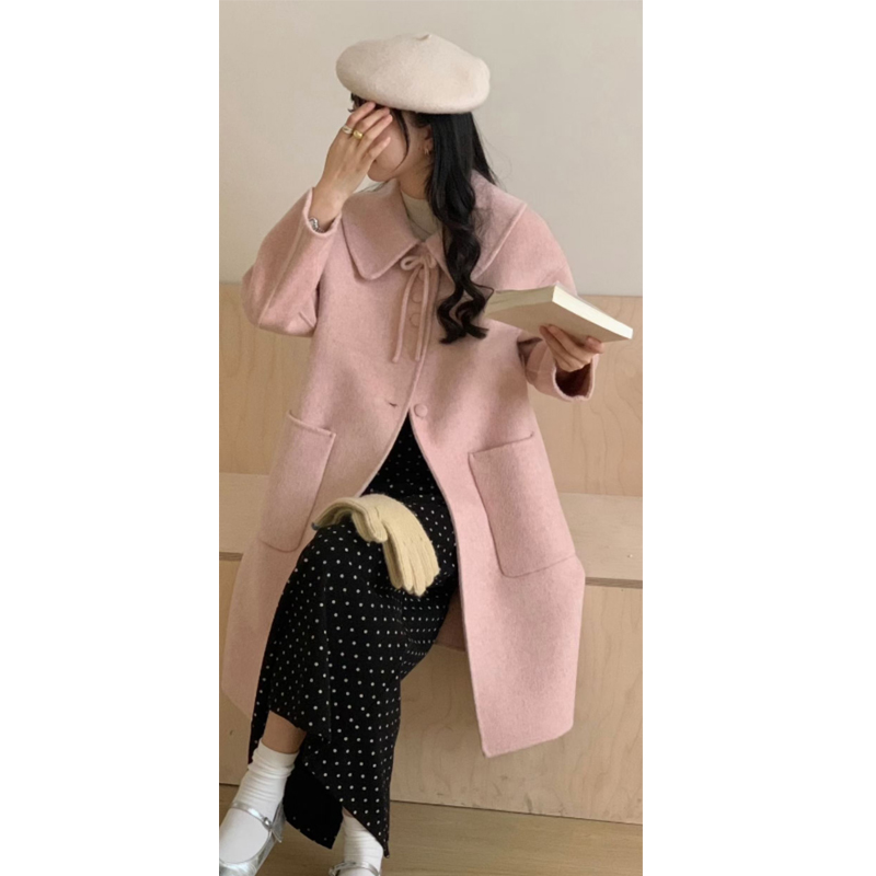 粉色双面羊绒大衣女2025秋冬新款洋气减龄娃娃领中长款羊毛呢外套