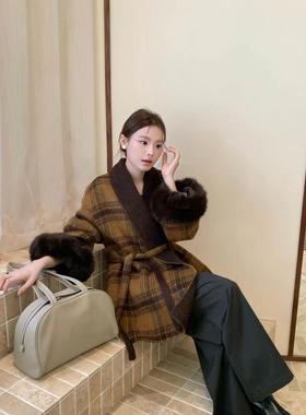 韩国定制SEVEN秋冬2025新款狐狸毛双面呢羊绒大衣中长款毛呢外套
