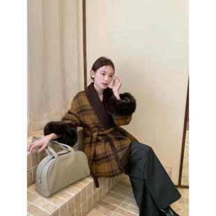 韩国定制SEVEN秋冬2025新款 毛呢外套 狐狸毛双面呢羊绒大衣中长款