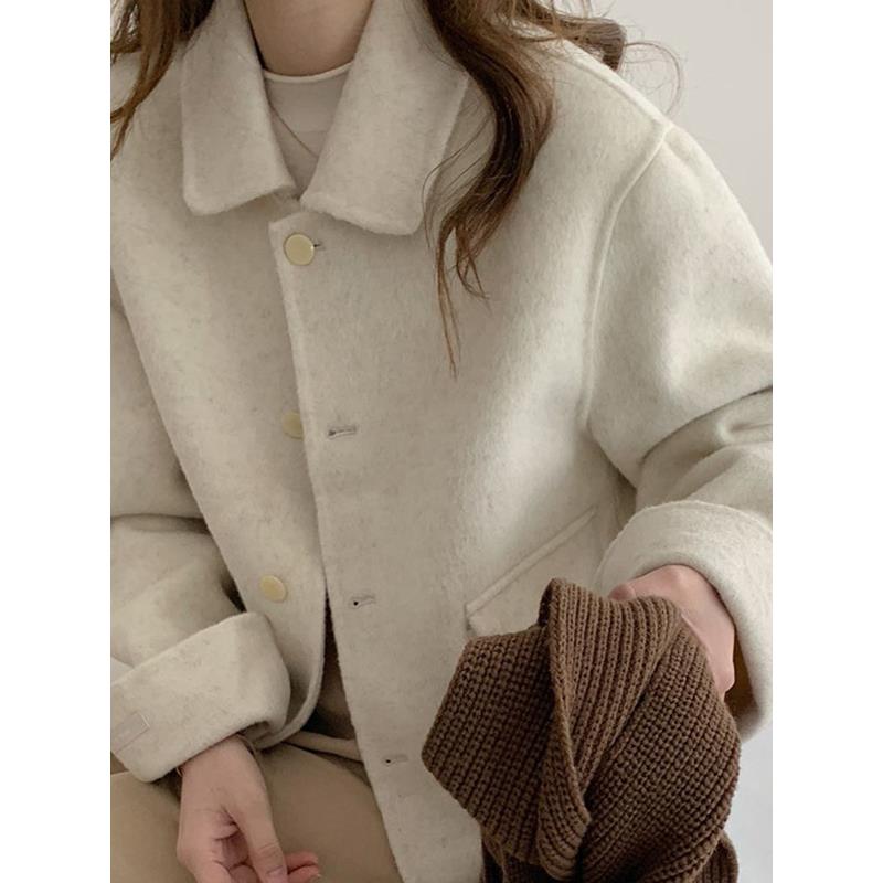 米白色翻领短款毛呢外套女2025新款带口袋减龄小香风双面羊毛大衣