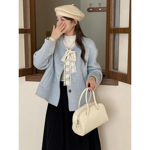 2025秋冬新款韩系双面羊绒大衣女小个子短款蕾丝系带羊毛呢外套女
