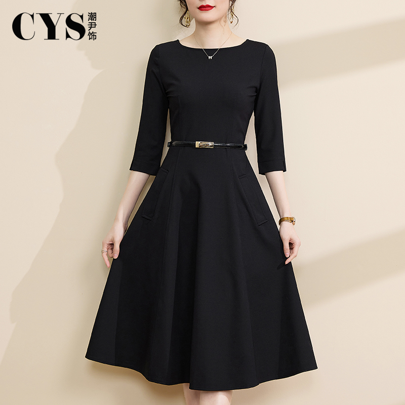 潮尹饰黑色中长款赫本风连衣裙