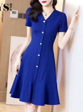 法式复古连衣裙女2026年夏季新款宝蓝色高端v领显瘦气质修身裙子
