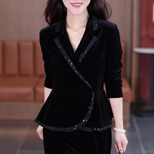 小衫 黑色收腰金丝绒上衣高级感2025春装 减龄时尚 气质显瘦修身 新款