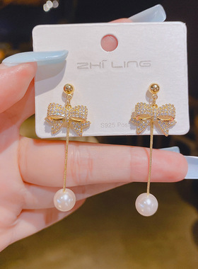 s925银针2024夏季新品时尚蝴蝶结珍珠流苏耳坠网红个性耳环耳饰品