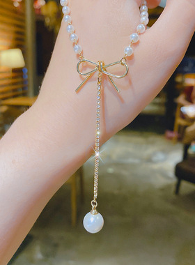 东大门韩版网红ins风蝴蝶结珍珠吊坠项链 气质潮流街拍个性项饰品