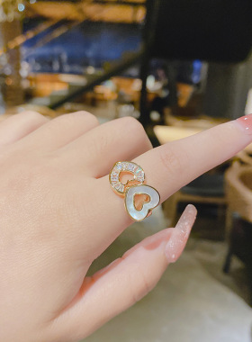 真金电镀铜镶锆石韩国爱心猫石戒指女设计感简约开口