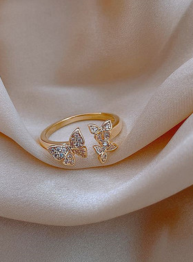 铜镶锆石真金电镀镶钻蝴蝶开口戒指2021新品轻奢ins冷淡风食指环