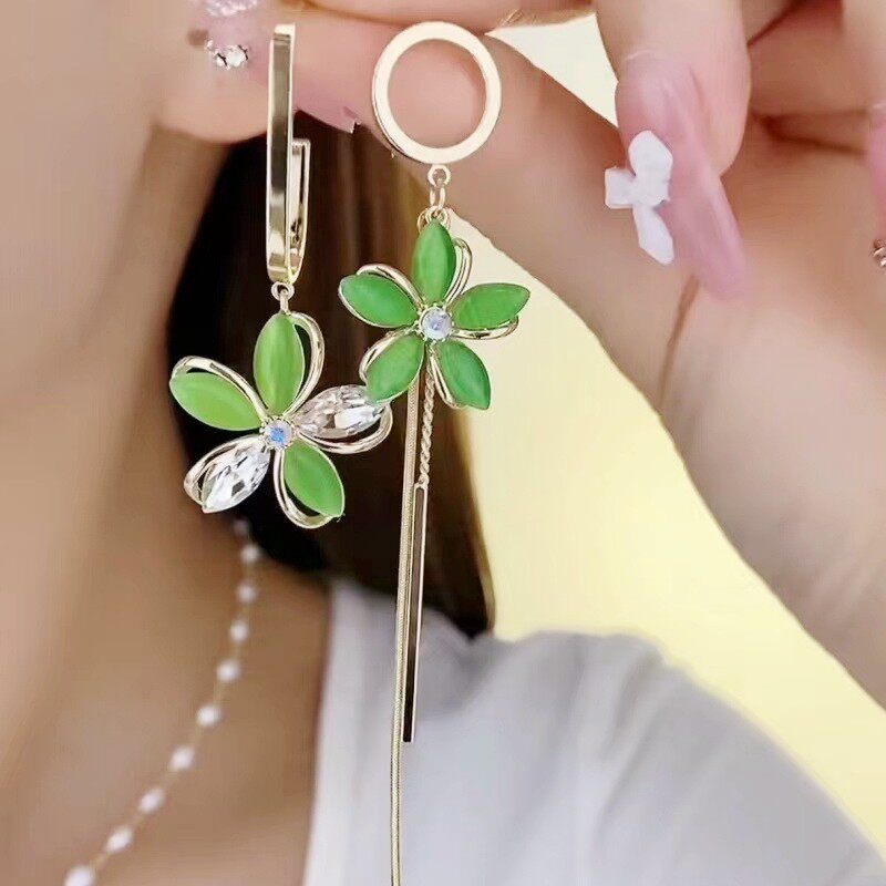 s925银针猫石花瓣耳环韩国气质个性ab款花朵流苏耳坠长款耳饰女
