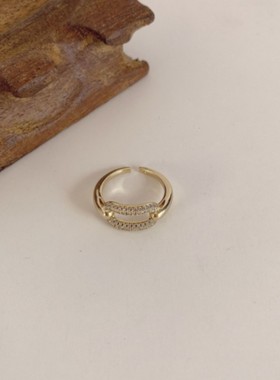 铜镶锆石开口调节真金电镀个性几何锁扣戒指时尚指环简约厂家直销