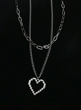 日韩网红ins时尚百搭锁骨链马赛克桃心吊坠爱心嘻哈多层项链女潮