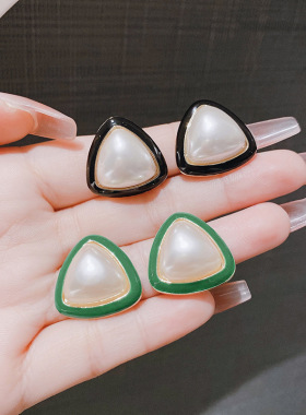 s925银针几何绿色三角耳新品潮小众设计感秋冬耳环女网红耳饰品